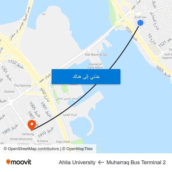 Muharraq Bus Terminal 2 to Ahlia University map