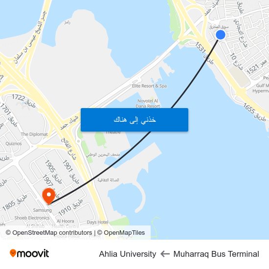 Muharraq Bus Terminal to Ahlia University map