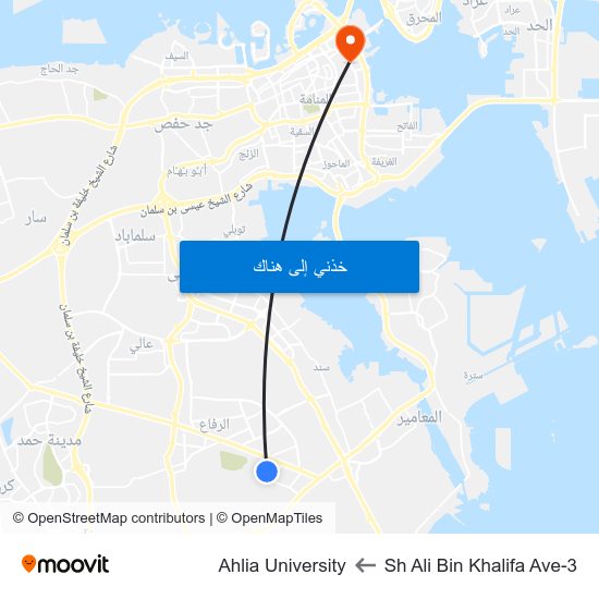 Sh Ali Bin Khalifa Ave-3 to Ahlia University map