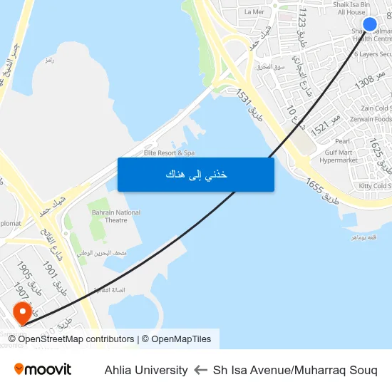 Sh Isa Avenue/Muharraq Souq to Ahlia University map