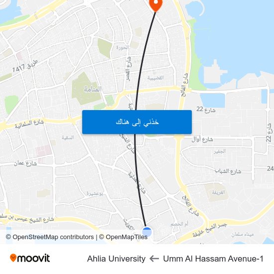 Umm Al Hassam Avenue-1 to Ahlia University map