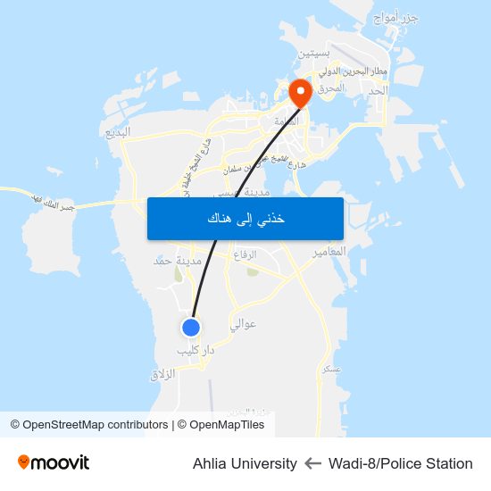 Wadi-8/Police Station to Ahlia University map