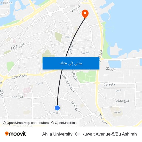 Kuwait Avenue-5/Bu Ashirah to Ahlia University map