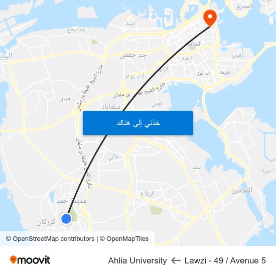 Lawzi - 49 / Avenue 5 to Ahlia University map