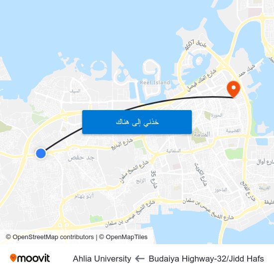 Budaiya Highway-32/Jidd Hafs to Ahlia University map