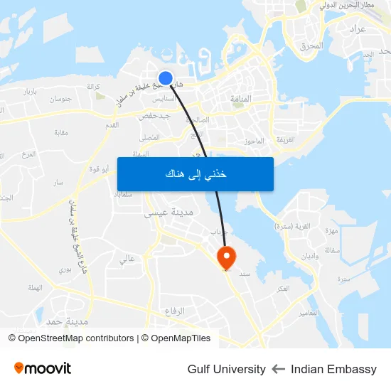 Indian Embassy to Gulf University map