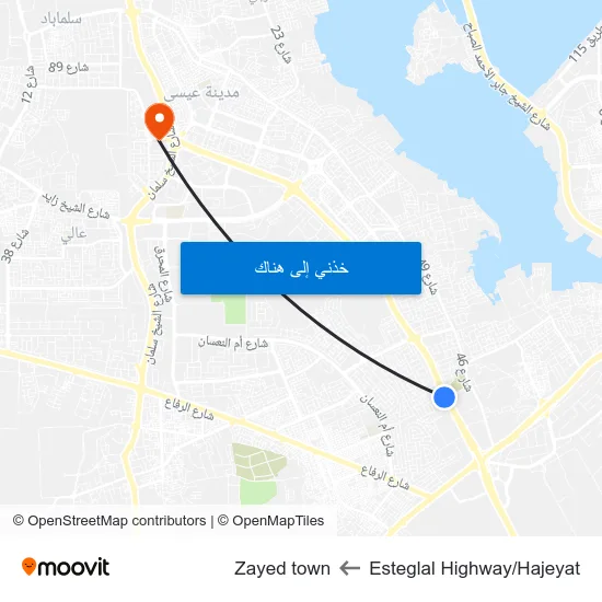Esteglal Highway/Hajeyat to Zayed town map