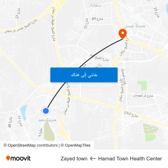 Hamad Town Health Center to Zayed town map