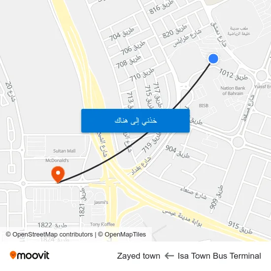 Isa Town Bus Terminal to Zayed town map