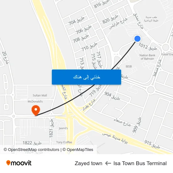 Isa Town Bus Terminal to Zayed town map