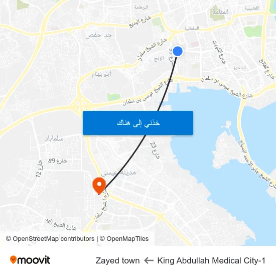 King Abdullah Medical City-1 to Zayed town map