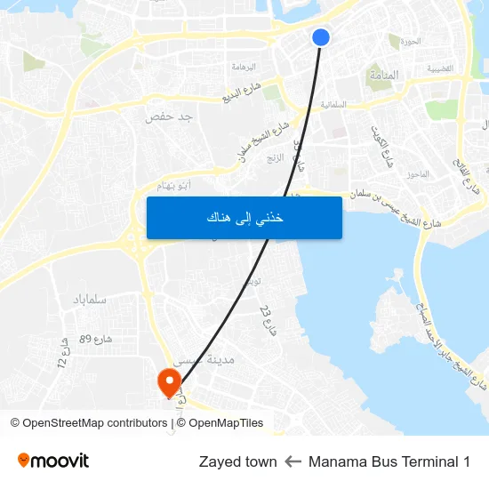 Manama Bus Terminal 1 to Zayed town map