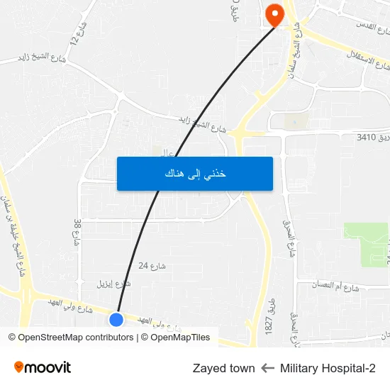 Military Hospital-2 to Zayed town map