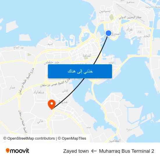 Muharraq Bus Terminal 2 to Zayed town map