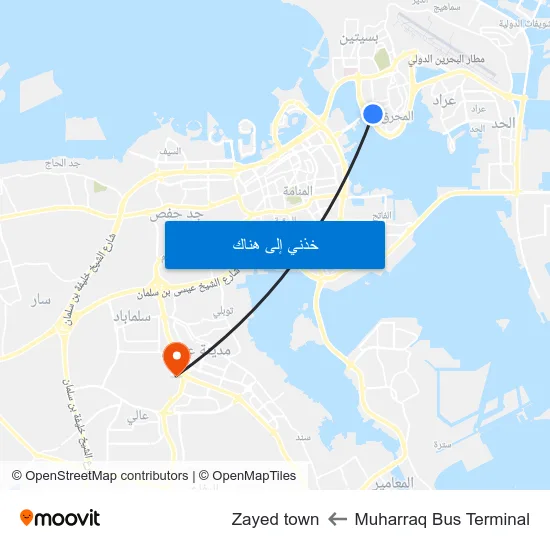 Muharraq Bus Terminal to Zayed town map