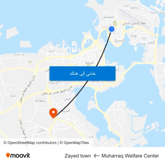 Muharraq Welfare Center to Zayed town map