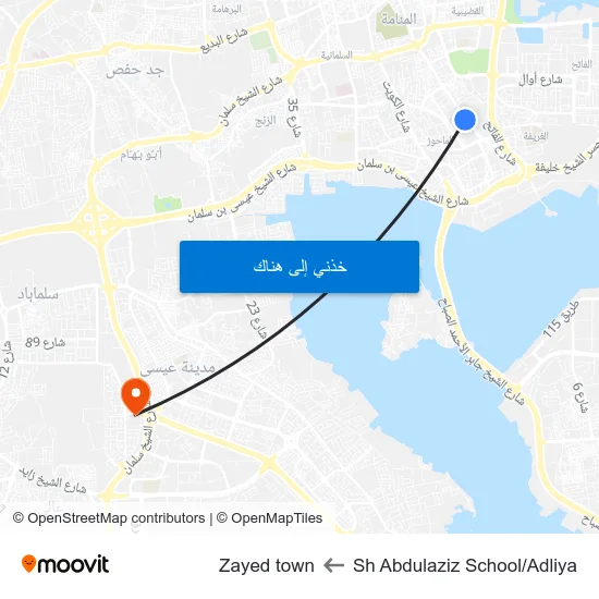 Sh Abdulaziz School/Adliya to Zayed town map