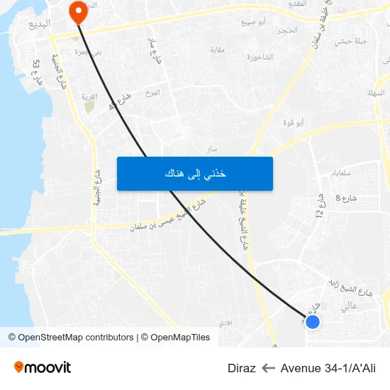 Avenue 34-1/A'Ali to Diraz map