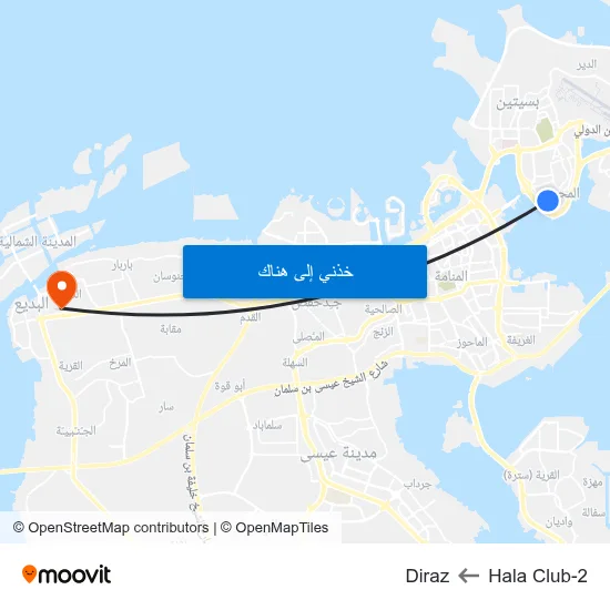 Hala Club-2 to Diraz map