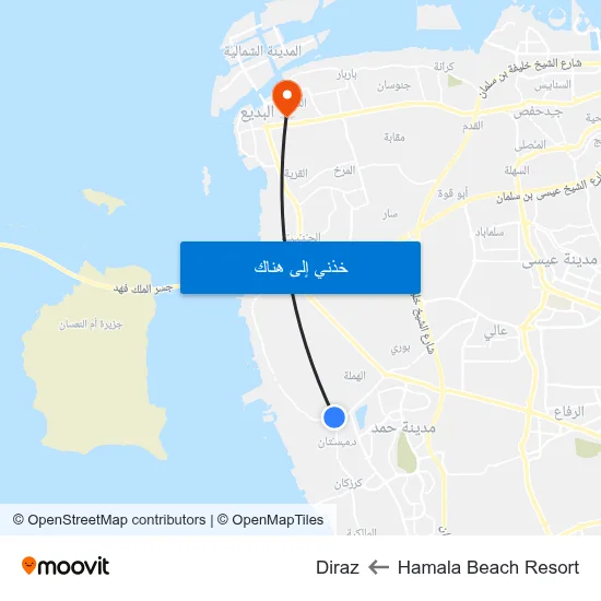 Hamala Beach Resort to Diraz map