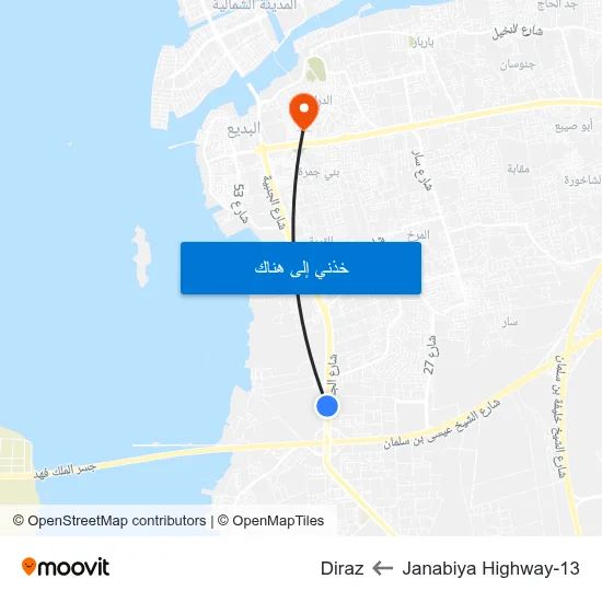 Janabiya Highway-13 to Diraz map