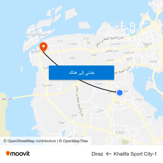 Khalifa Sport City-1 to Diraz map