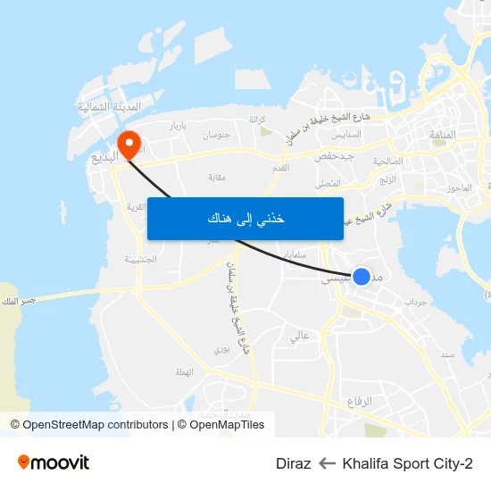 Khalifa Sport City-2 to Diraz map