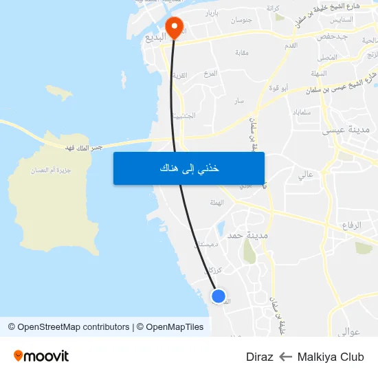 Malkiya Club to Diraz map