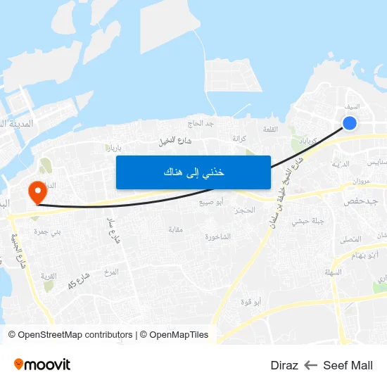 Seef Mall to Diraz map