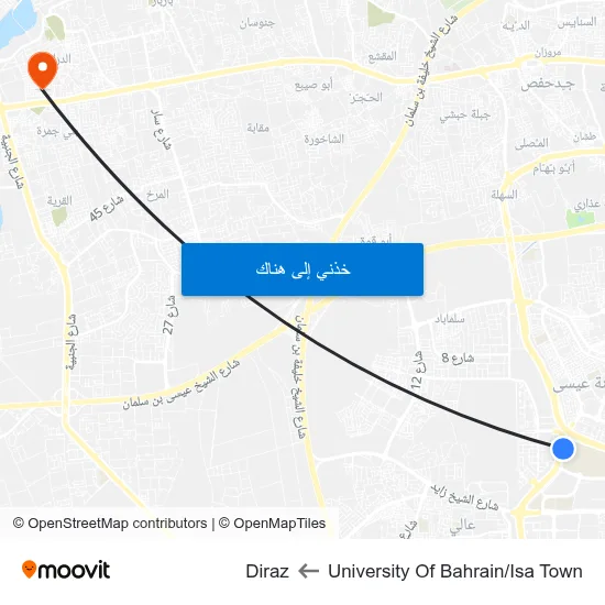 University Of Bahrain/Isa Town to Diraz map