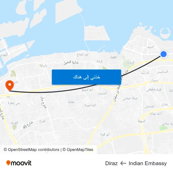 Indian Embassy to Diraz map