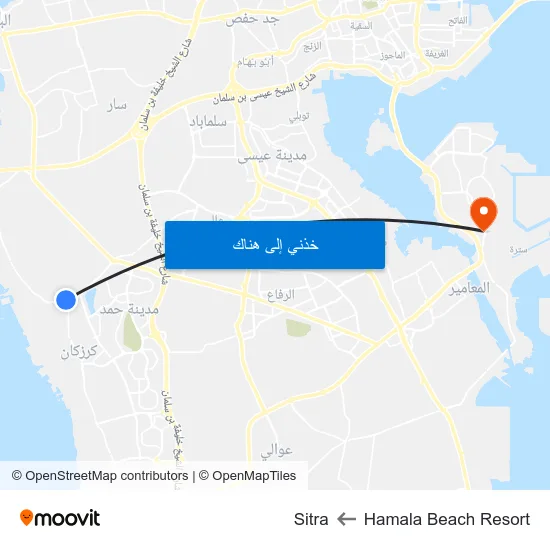 Hamala Beach Resort to Sitra map