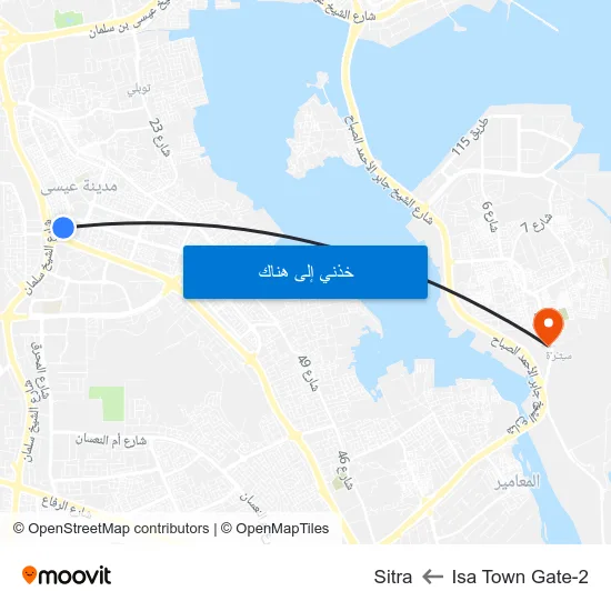 Isa Town Gate-2 to Sitra map