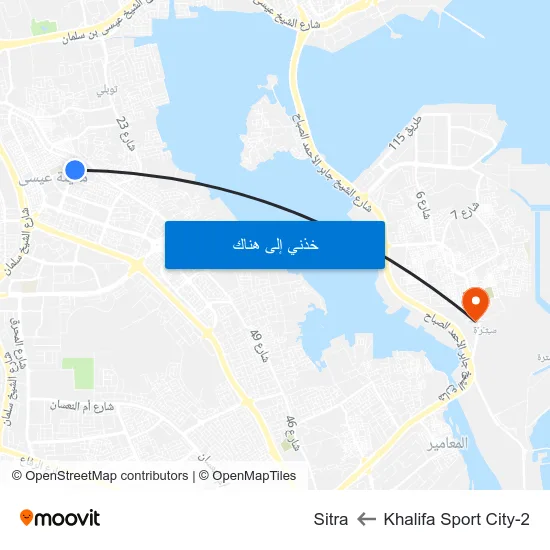 Khalifa Sport City-2 to Sitra map