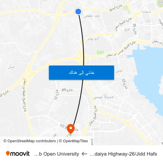 Budaiya Highway-26/Jidd Hafs to Arab Open University map