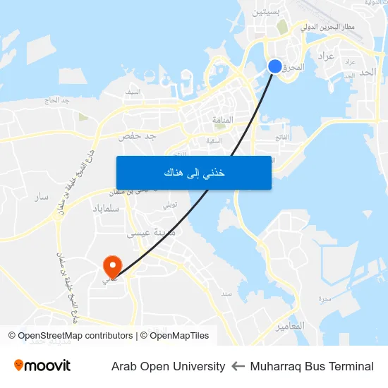 Muharraq Bus Terminal to Arab Open University map