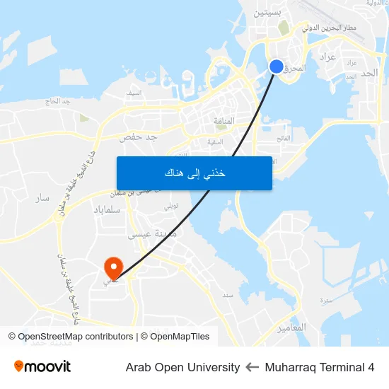 Muharraq Terminal 4 to Arab Open University map