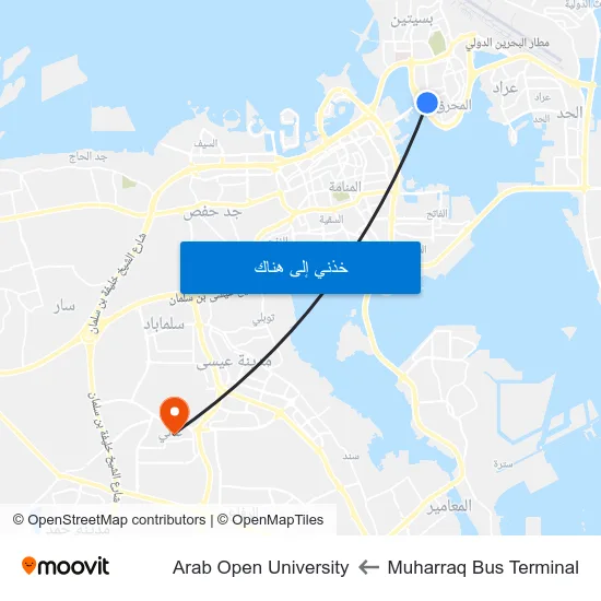 Muharraq Bus Terminal to Arab Open University map