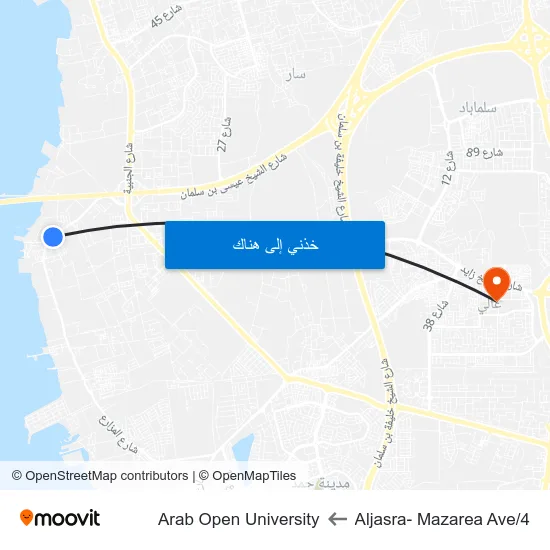 Aljasra- Mazarea Ave/4 to Arab Open University map