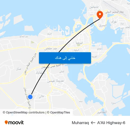 A'Ali Highway-6 to Muharraq map