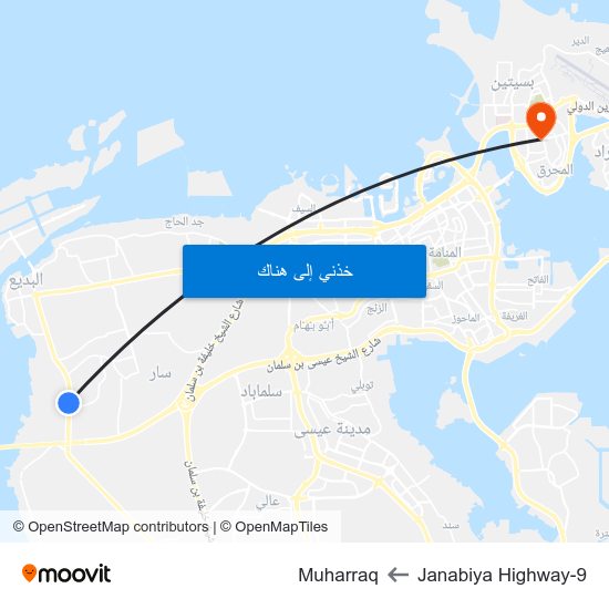 Janabiya Highway-9 to Muharraq map