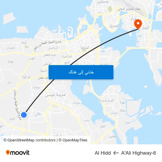 A'Ali Highway-6 to Al Hidd map