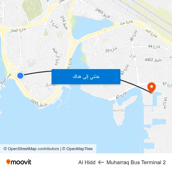 Muharraq Bus Terminal 2 to Al Hidd map