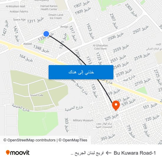 Bu Kuwara Road-1 to فريج لبنان الجريح .. map