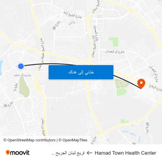 Hamad Town Health Center to فريج لبنان الجريح .. map