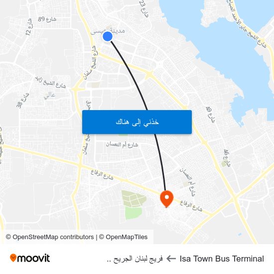 Isa Town Bus Terminal to فريج لبنان الجريح .. map