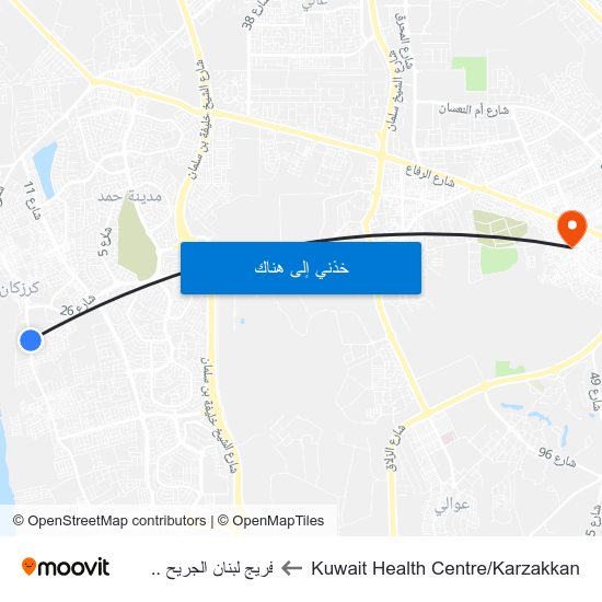 Kuwait Health Centre/Karzakkan to فريج لبنان الجريح .. map