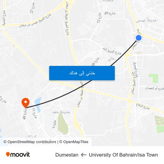 University Of Bahrain/Isa Town to Dumestan map