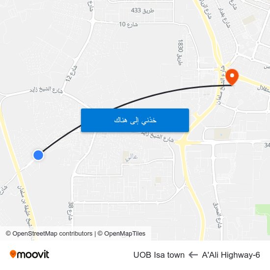 A'Ali Highway-6 to UOB Isa town map