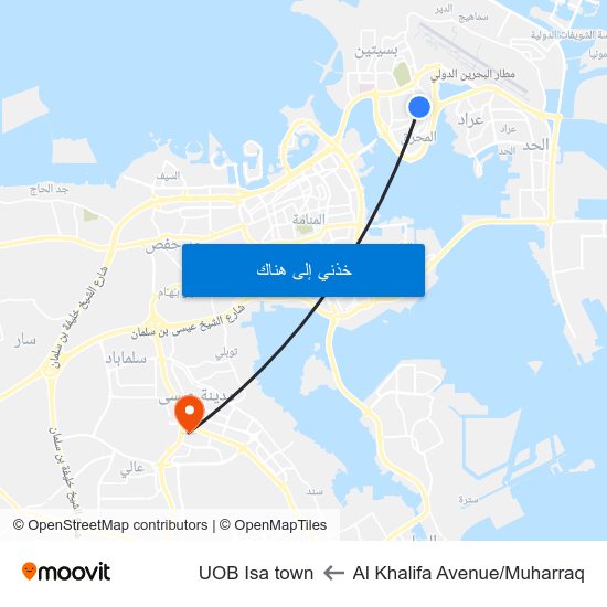 Al Khalifa Avenue/Muharraq to UOB Isa town map